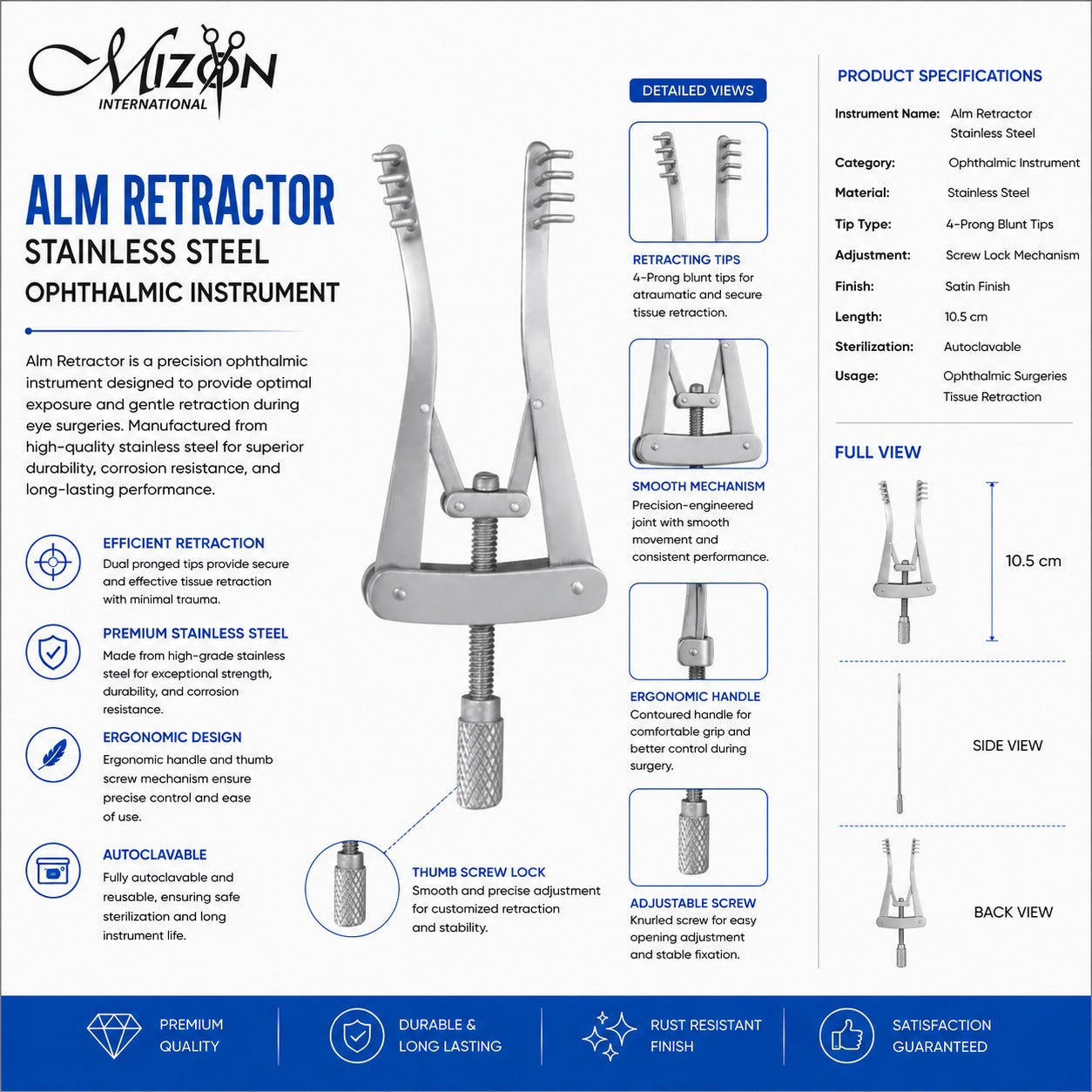 Alm Retractor Stainless Steel – 10.5 cm Ophthalmic Surgical Retractor with 4-Prong Blunt Tips, Adjustable Screw Lock, Autoclavable
