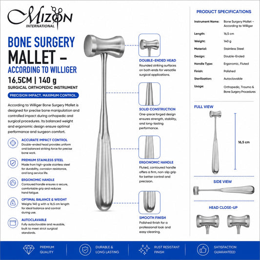 Mizon International Bone Surgery Mallet According to Williger 16.5 cm, 140 g – Stainless Steel Orthopedic Surgical Instrument