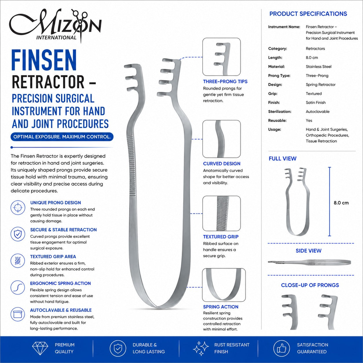 Mizon International Finsen Retractor 8.0 cm – Stainless Steel Three-Prong Surgical Retractor for Hand & Joint Procedures