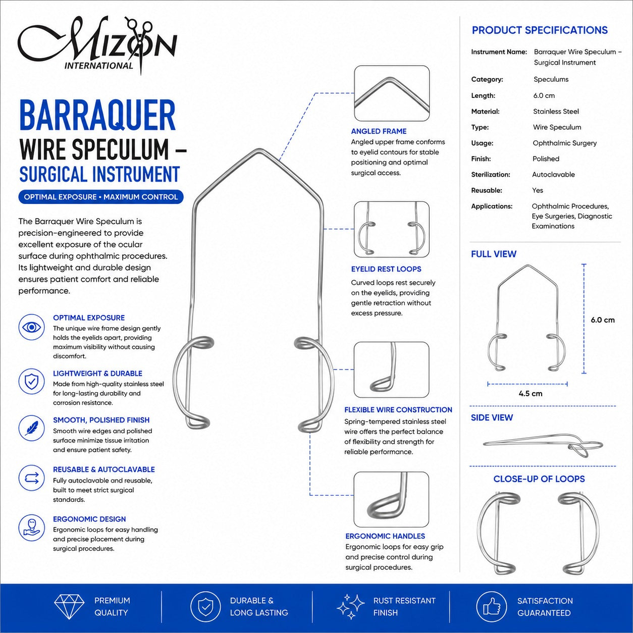 Barraquer Wire Speculum Surgical Instrument – Stainless Steel Ophthalmic Eyelid Retractor, Autoclavable Reusable Eye Surgery Speculum