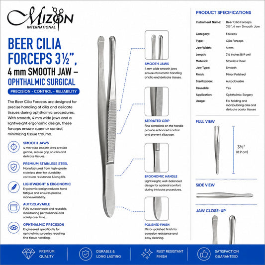 Beer Cilia Forceps 3½ Inch – 4 mm Smooth Jaw Ophthalmic Surgical Forceps, Stainless Steel, Autoclavable & Reusable