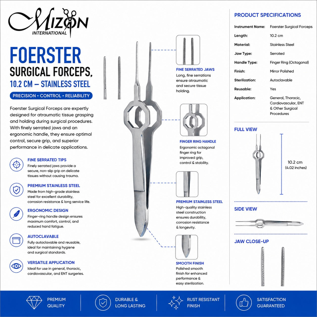 Foerster Surgical Forceps 10.2 cm – Stainless Steel Serrated Tissue Forceps, Autoclavable & Reusable Surgical Instrument