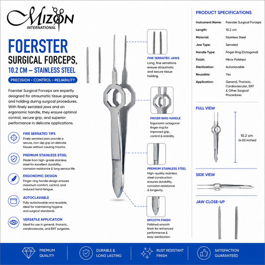 Foerster Surgical Forceps 10.2 cm – Stainless Steel Serrated Tissue Forceps, Autoclavable & Reusable Surgical Instrument