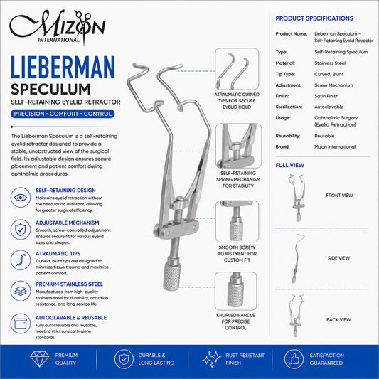 Lieberman Speculum Self-Retaining Eyelid Retractor | Stainless Steel Ophthalmic Surgical Instrument | Mizon International