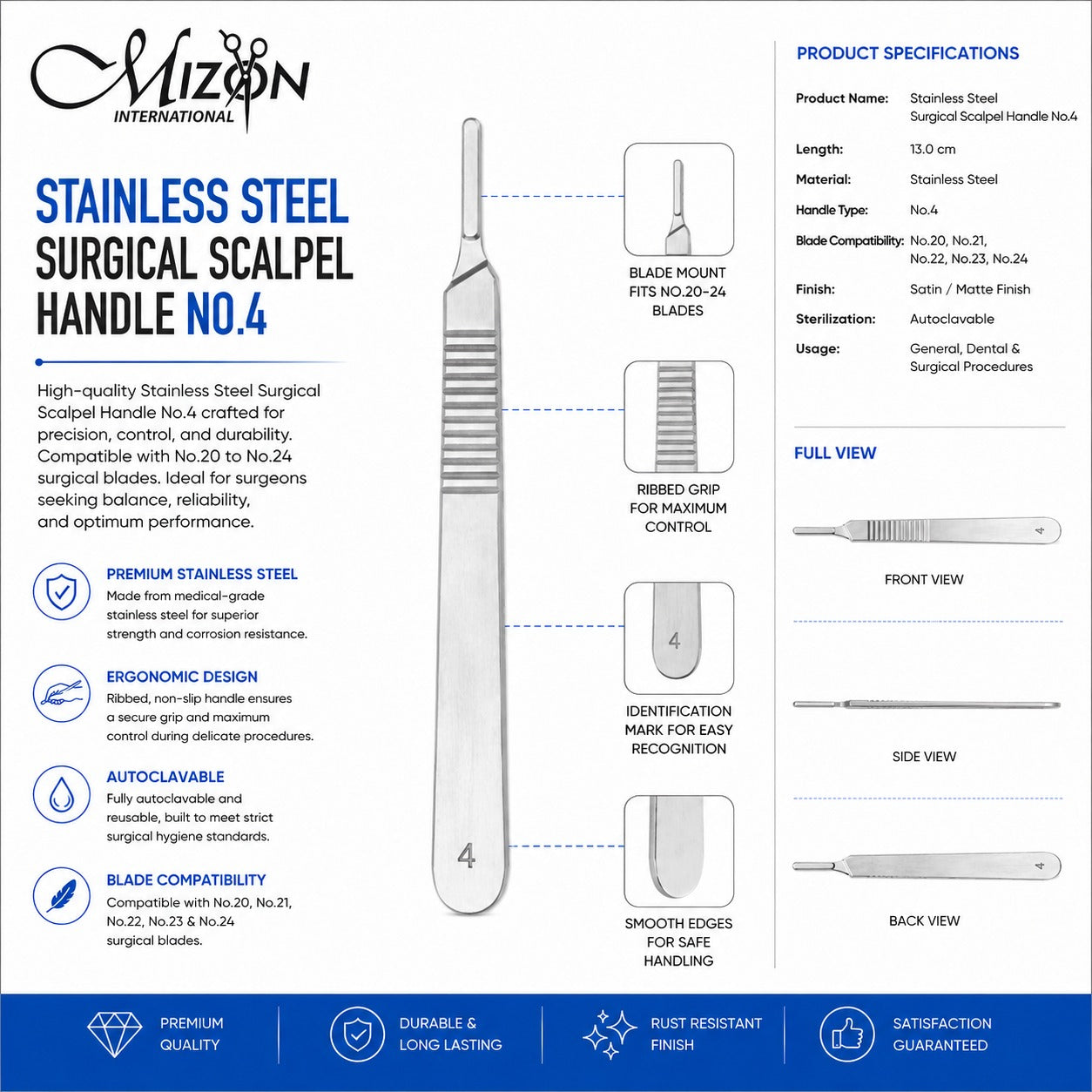 Stainless Steel Surgical Scalpel Handle No. 4 | Premium Reusable Scalpel Handle for Blades No. 20–24