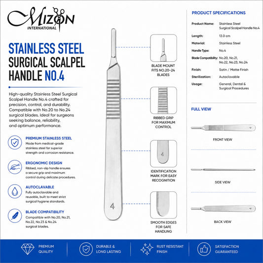 Stainless Steel Surgical Scalpel Handle No. 4 | Premium Reusable Scalpel Handle for Blades No. 20–24