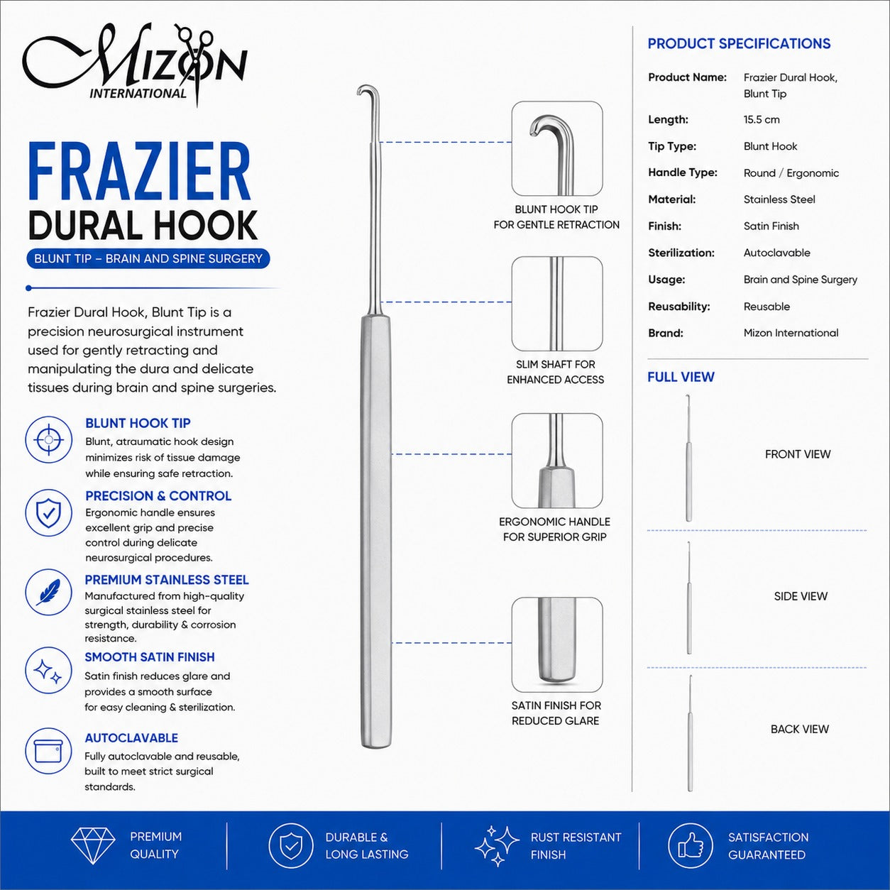 Frazier Dural Hook Blunt Tip 15.5 cm | Stainless Steel Neurosurgical Instrument