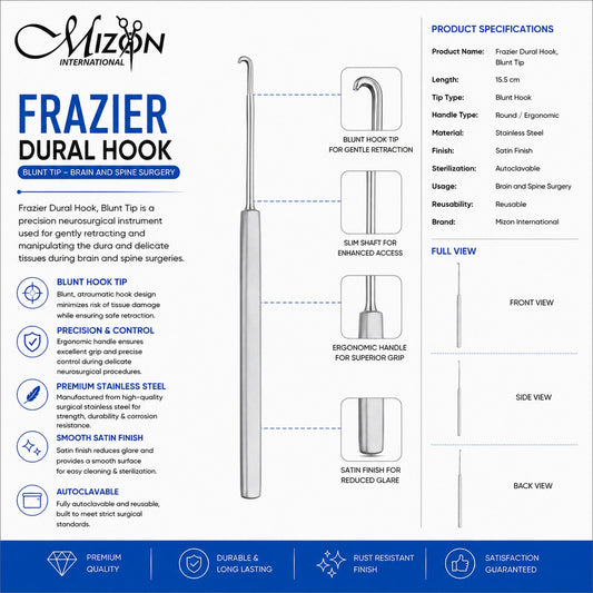Frazier Dural Hook Blunt Tip 15.5 cm | Stainless Steel Neurosurgical Instrument
