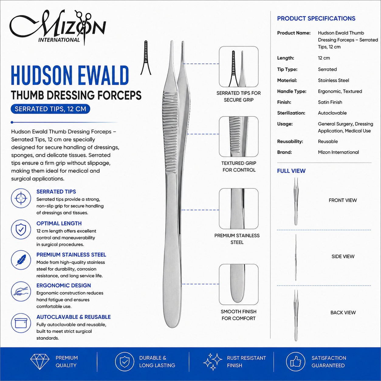Hudson Ewald Thumb Dressing Forceps Serrated Tips 12 cm | Stainless Steel Surgical Dressing Forceps