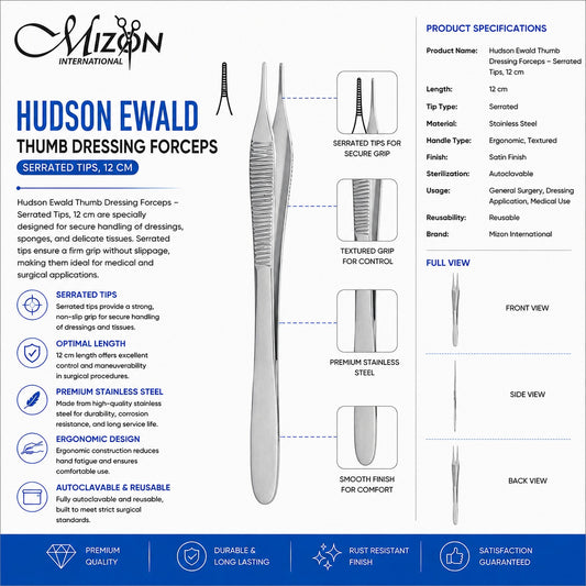 Hudson Ewald Thumb Dressing Forceps Serrated Tips 12 cm | Stainless Steel Surgical Dressing Forceps
