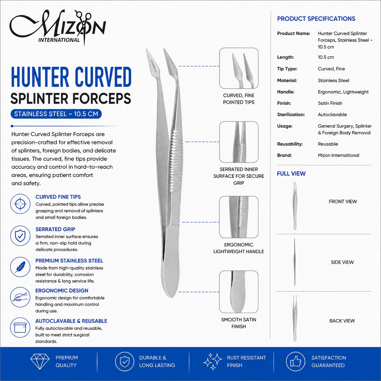 Hunter Curved Splinter Forceps 10.5 cm | Stainless Steel Fine Tip Surgical Forceps | Mizon International