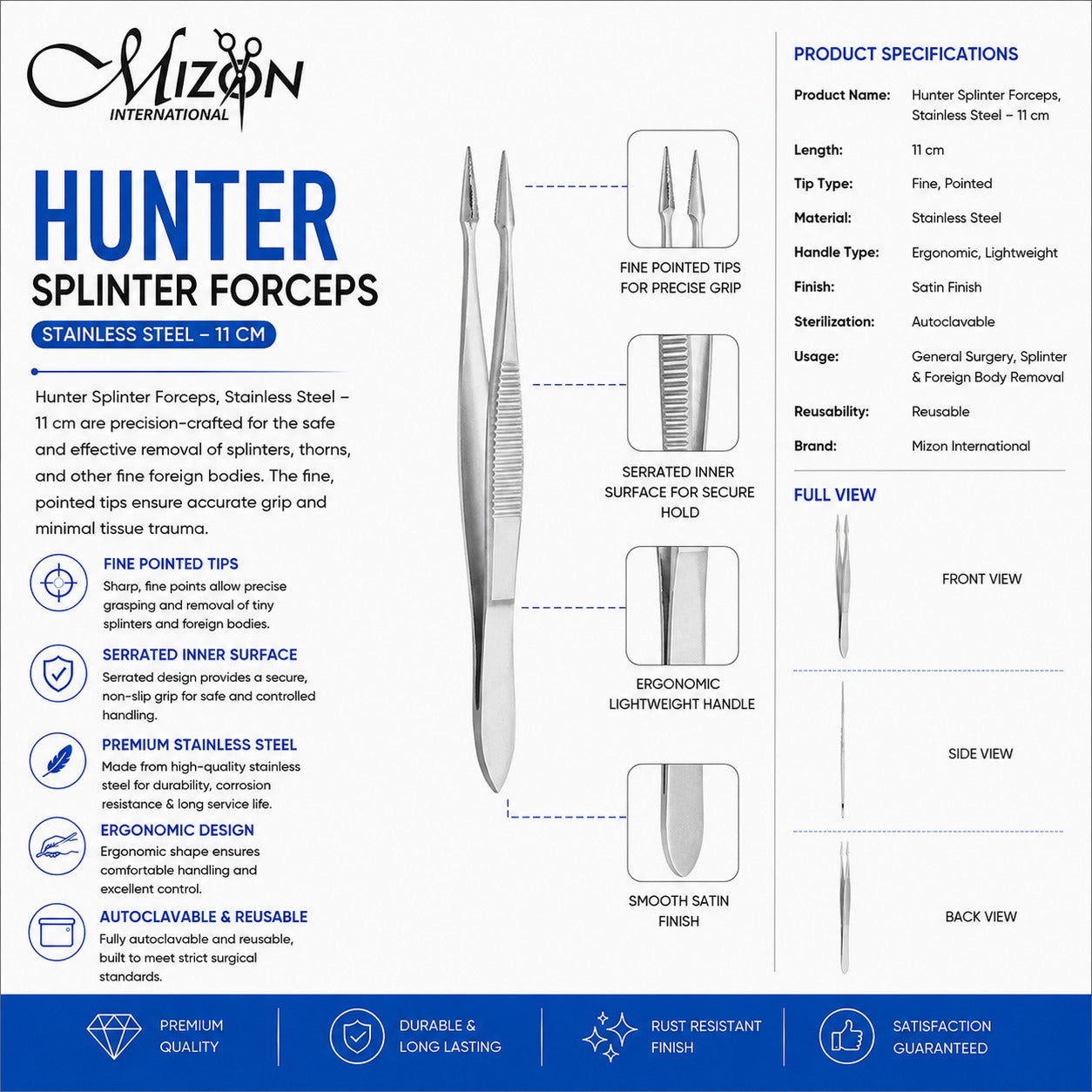 Hunter Splinter Forceps 11 cm Stainless Steel | Fine Pointed Surgical Forceps | Mizon International