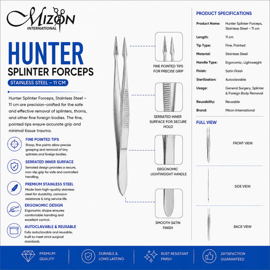Hunter Splinter Forceps 11 cm Stainless Steel | Fine Pointed Surgical Forceps | Mizon International