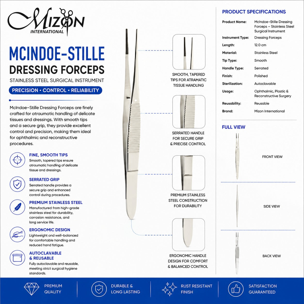 McIndoe-Stille Dressing Forceps 12 cm Stainless Steel | Ophthalmic Dressing Forceps | Mizon International