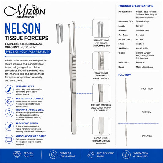 Nelson Tissue Forceps 15 cm Stainless Steel | Serrated Surgical Tissue Forceps | Mizon International
