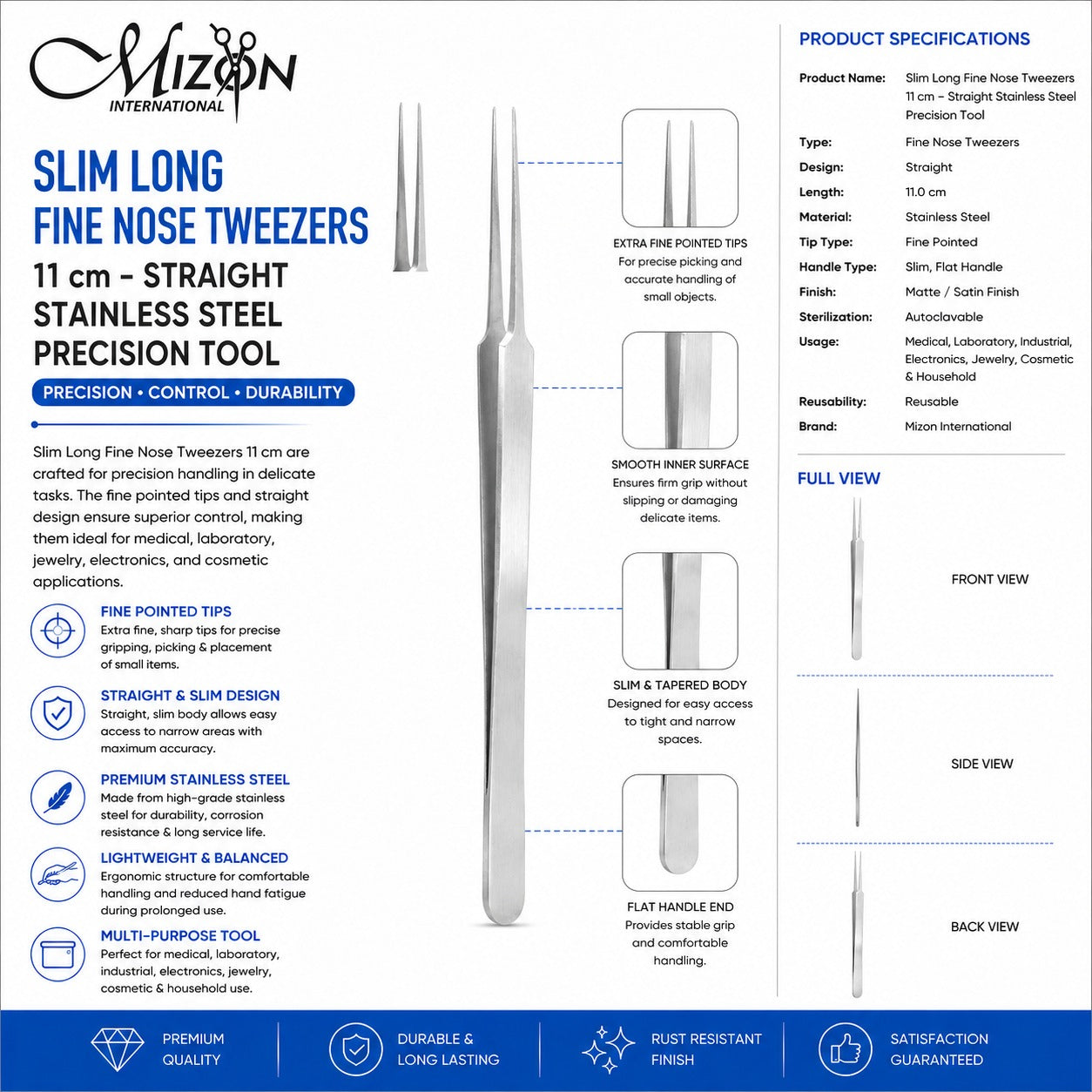 Slim Long Fine Nose Tweezers 11 cm Straight – Stainless Steel Precision Tool | Mizon International