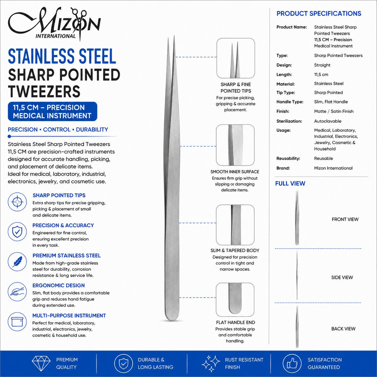 Stainless Steel Sharp Pointed Tweezers 11.5 cm – Precision Medical Instrument | Mizon International