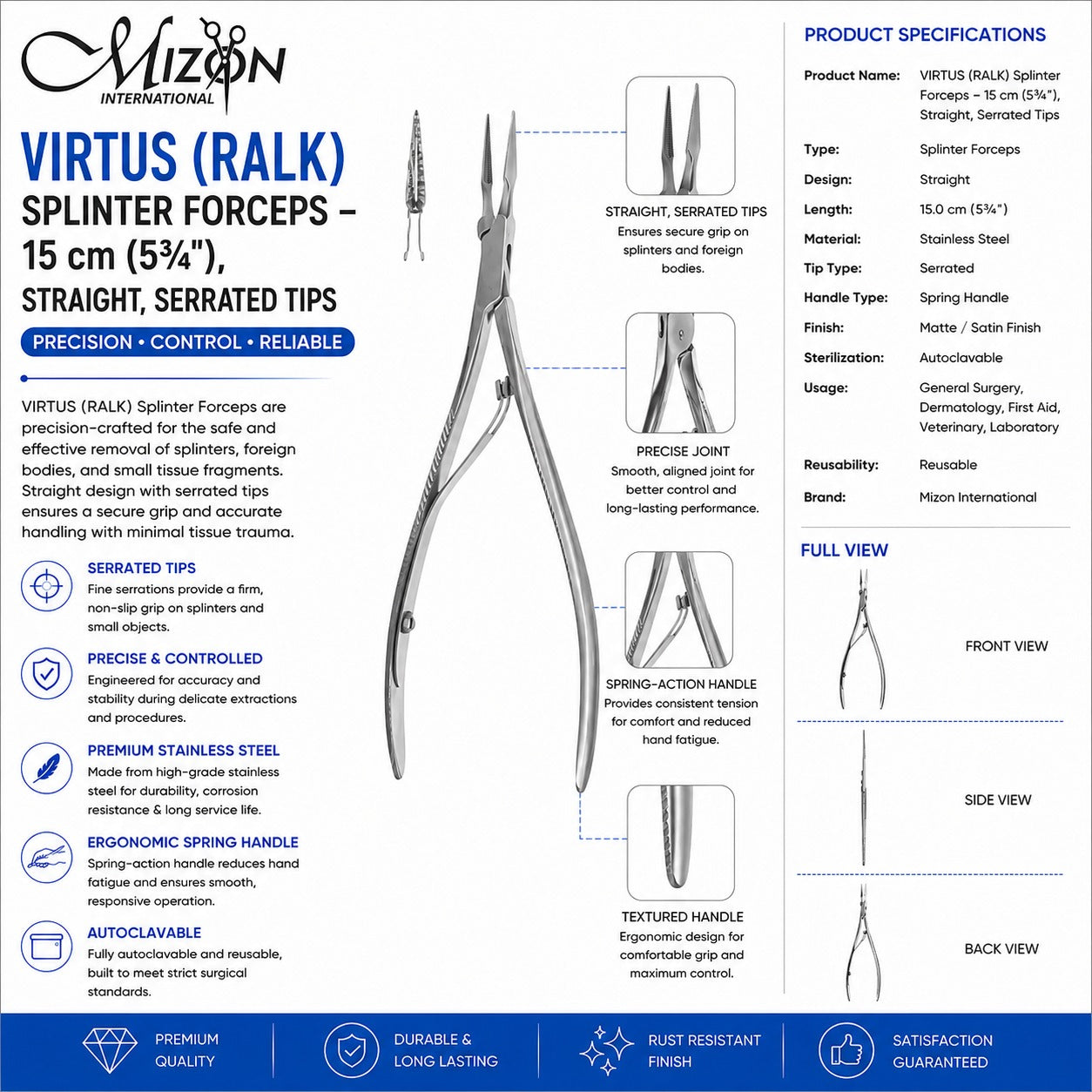 VIRTUS (RALK) Splinter Forceps 15 cm (5¾") – Straight Serrated Stainless Steel Surgical Instrument | Mizon International