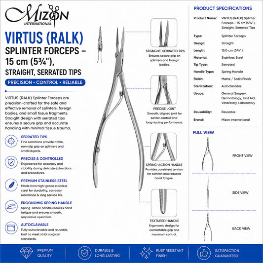 VIRTUS (RALK) Splinter Forceps 15 cm (5¾") – Straight Serrated Stainless Steel Surgical Instrument | Mizon International