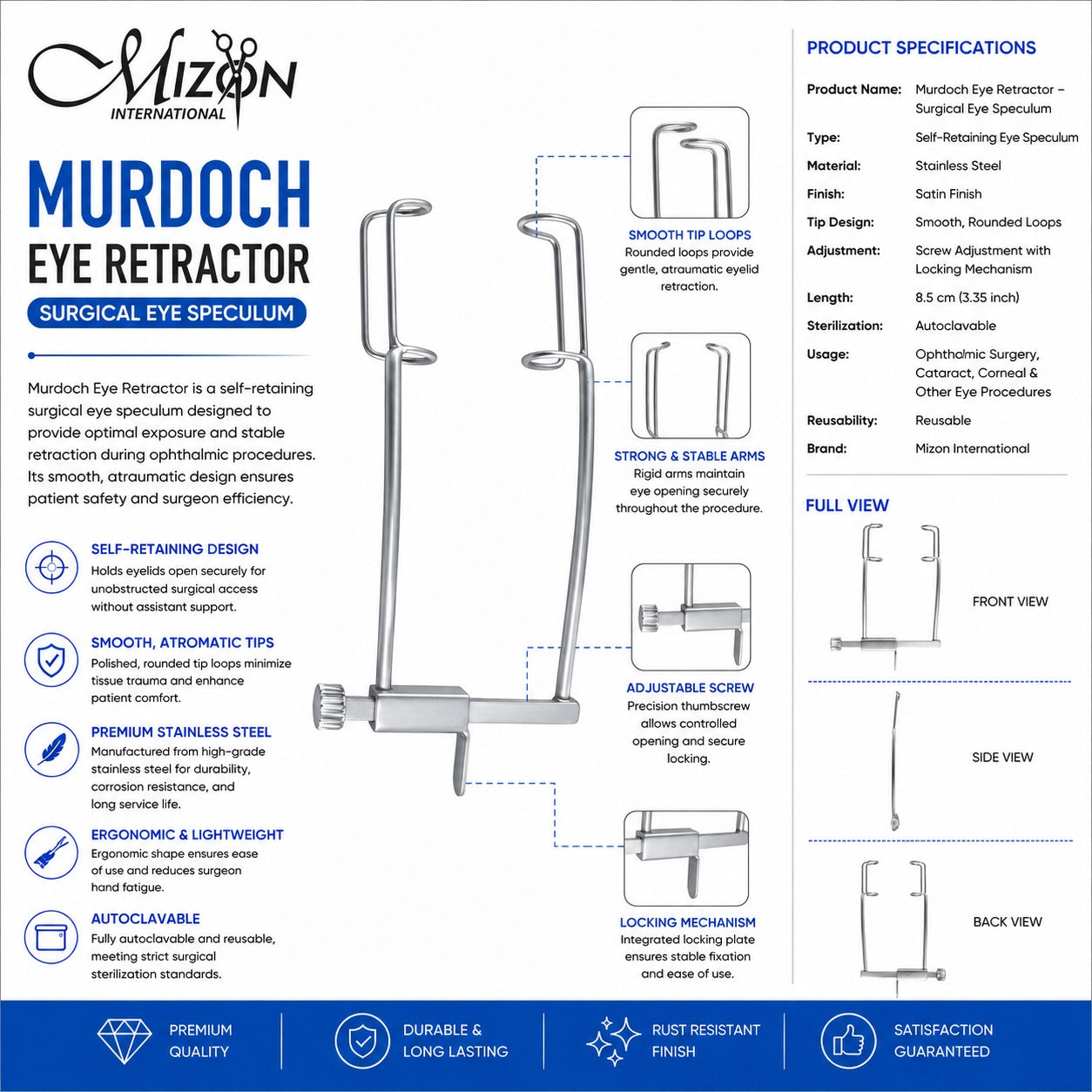 Murdoch Eye Retractor Surgical Eye Speculum | Stainless Steel Self-Retaining Ophthalmic Instrument