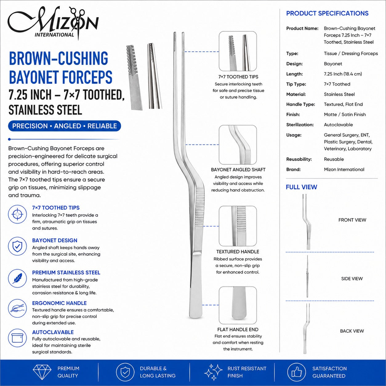 Brown-Cushing Bayonet Forceps 7.25 Inch (18.4 cm) – 7×7 Toothed Stainless Steel Surgical Instrument | Mizon International