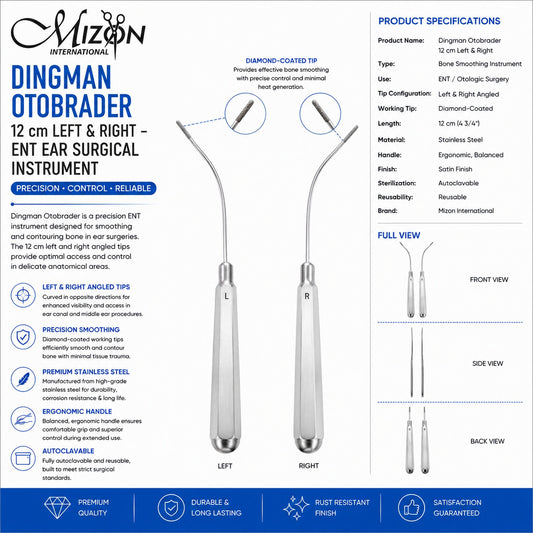 Dingman Otobrader 12 cm Left & Right – Diamond-Coated ENT Ear Surgical Instrument | Mizon International