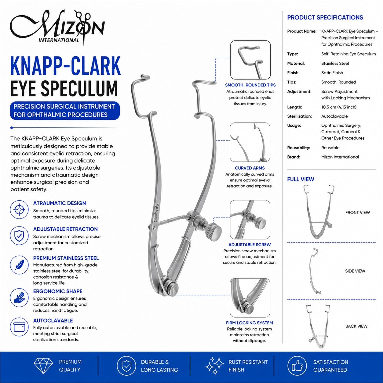 Knapp-Clark Eye Speculum | Premium Stainless Steel Self-Retaining Ophthalmic Surgical Instrument