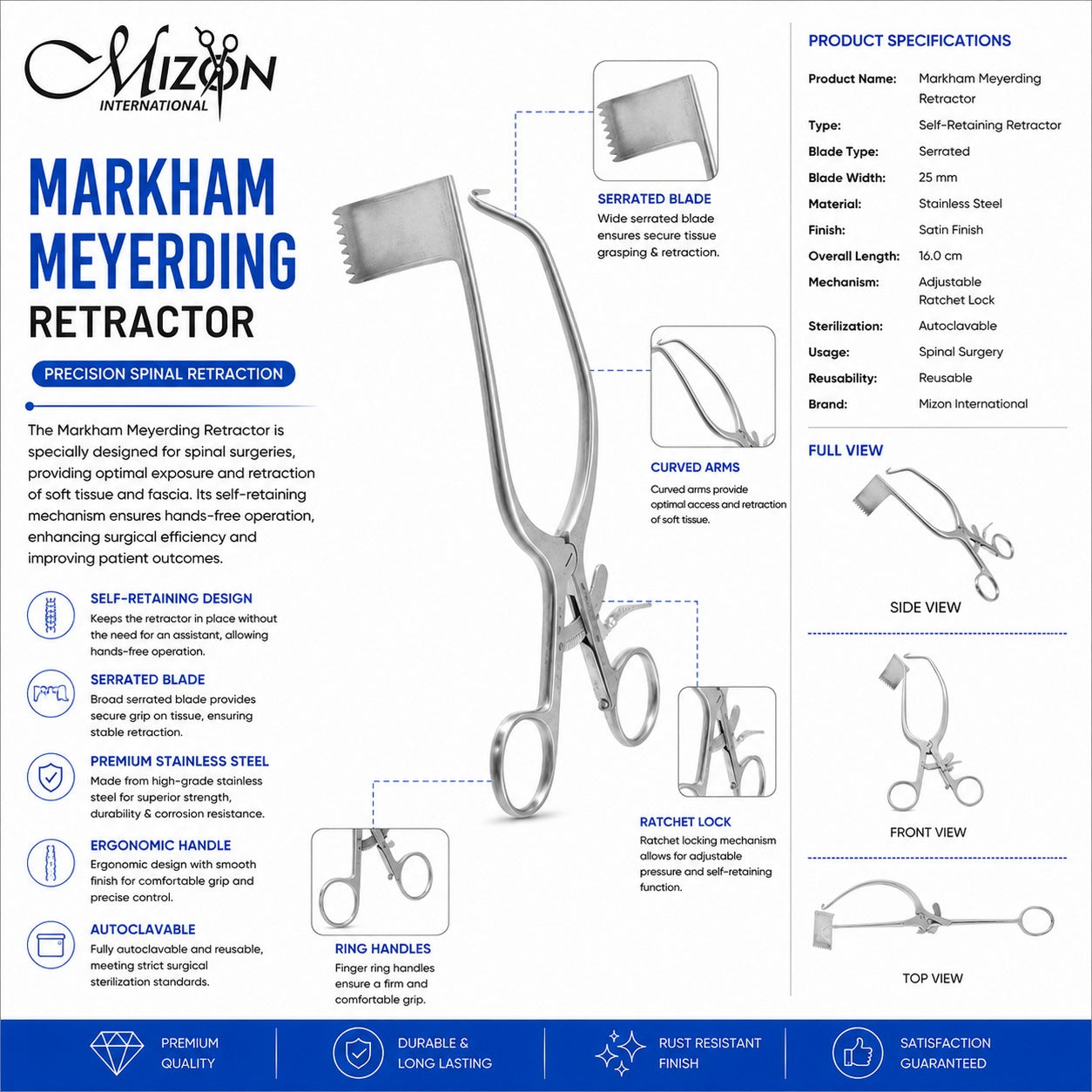 Markham Meyerding Retractor | Self-Retaining Stainless Steel Spinal Surgery Retractor