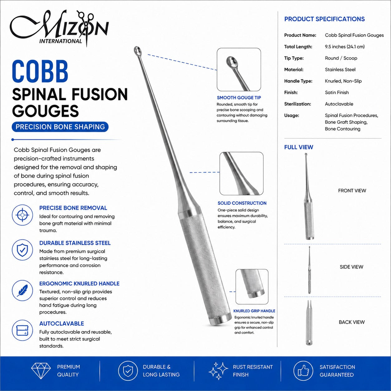 Cobb Spinal Fusion Gouge | Stainless Steel Bone Graft & Bone Shaping Surgical Instrument