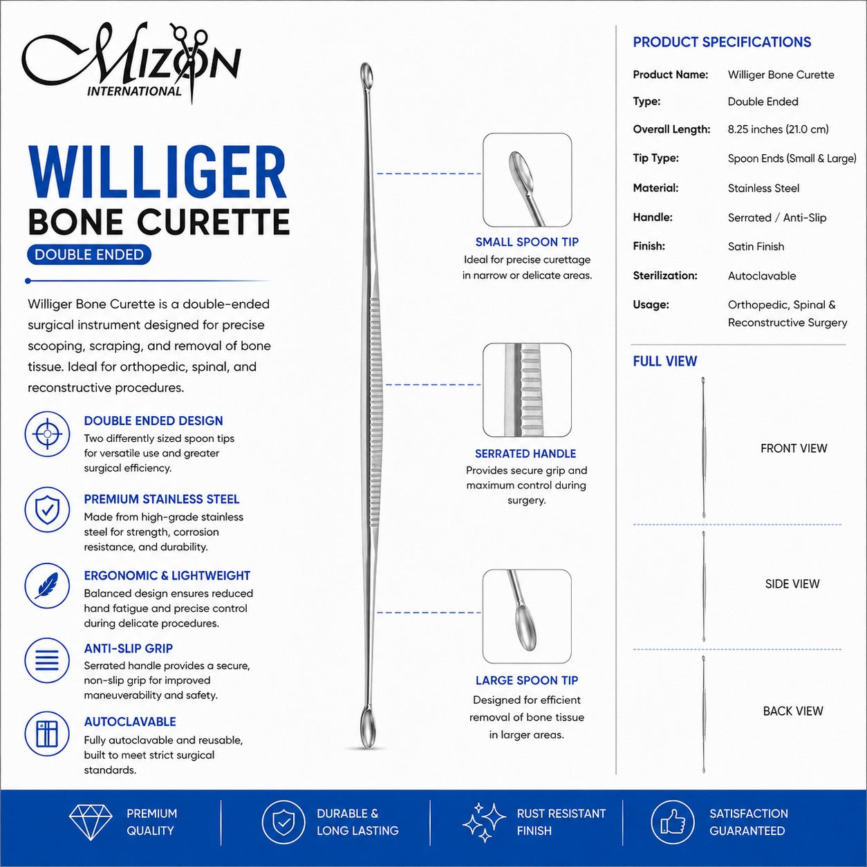 Williger Bone Curette Double Ended | Stainless Steel Orthopedic & Spinal Surgical Instrument