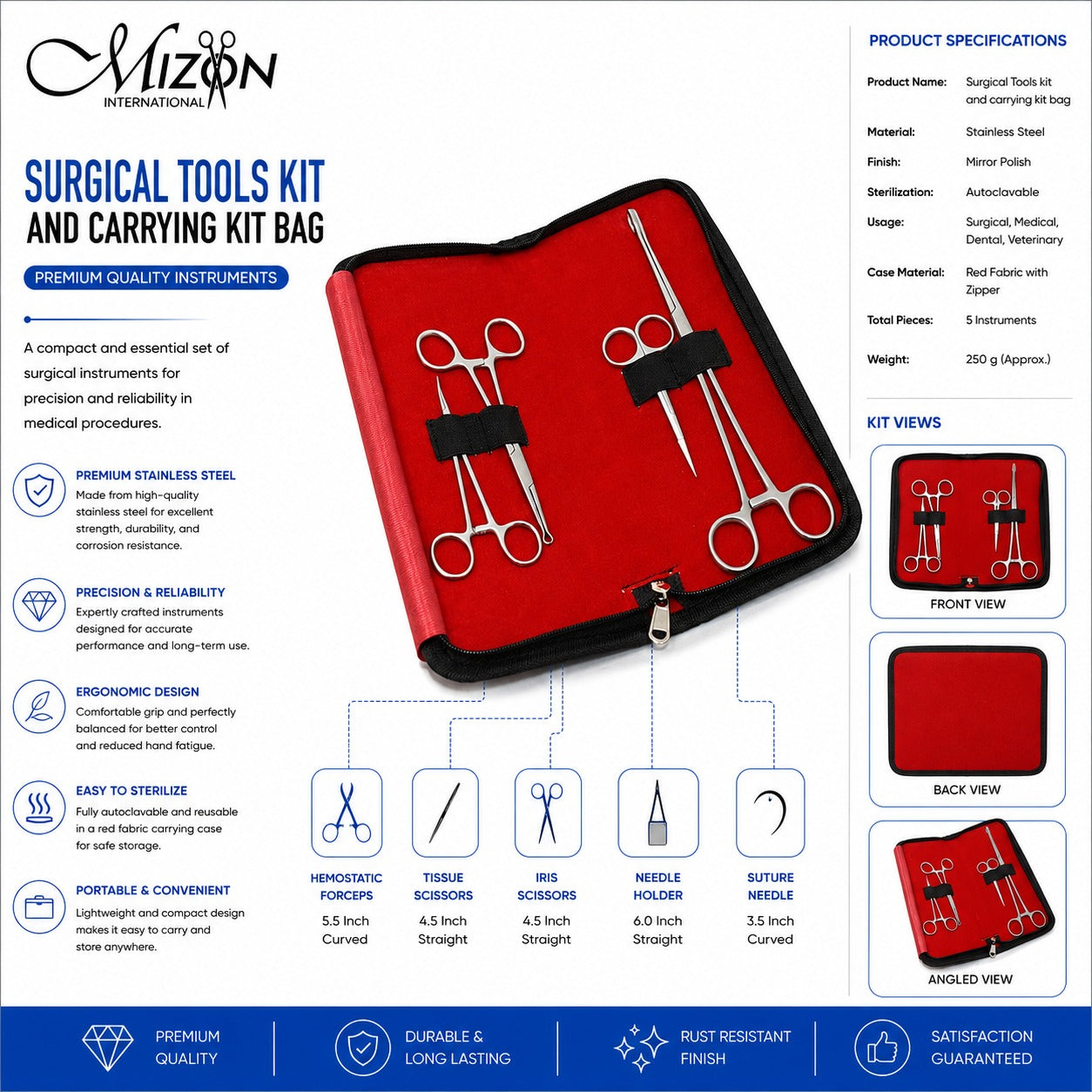 Surgical Tools Kit with Carrying Case – 5-Piece Stainless Steel Surgical Instrument Set | Autoclavable Medical, Dental & Veterinary Kit