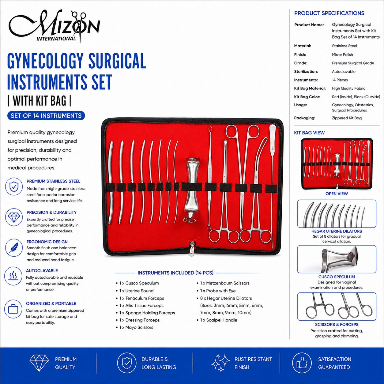 Gynecology Surgical Instrument Set with Kit Bag – 14-Piece Stainless Steel OB/GYN Examination & Procedure Kit