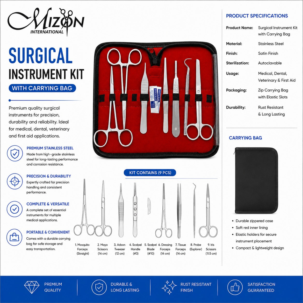 9-Piece Surgical Instrument Kit with Carrying Bag – Stainless Steel Medical, Dental & Veterinary Instrument Set