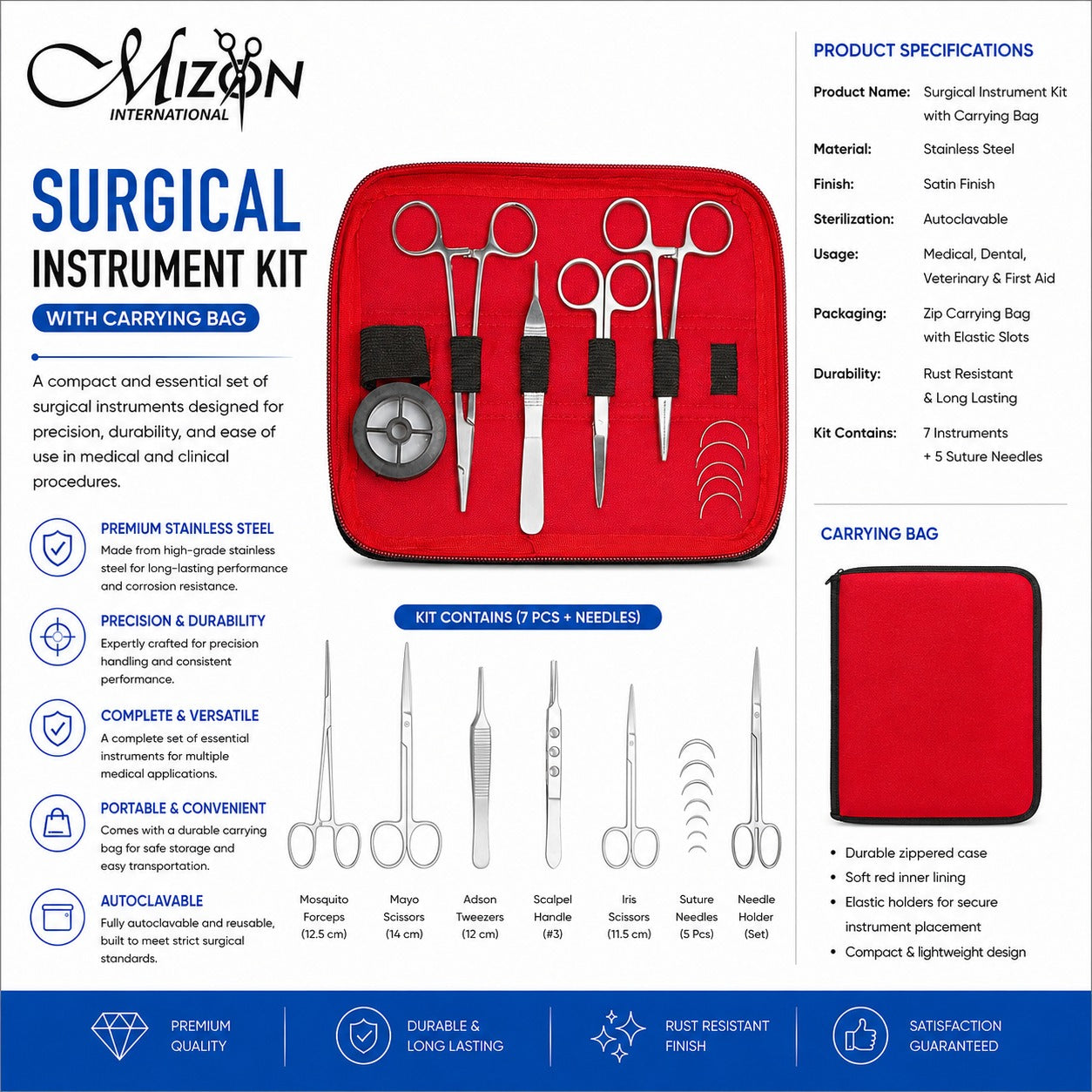 7-Piece Surgical Instrument Kit with Carrying Bag & 5 Suture Needles – Stainless Steel Suturing Set for Medical, Dental & Veterinary Use