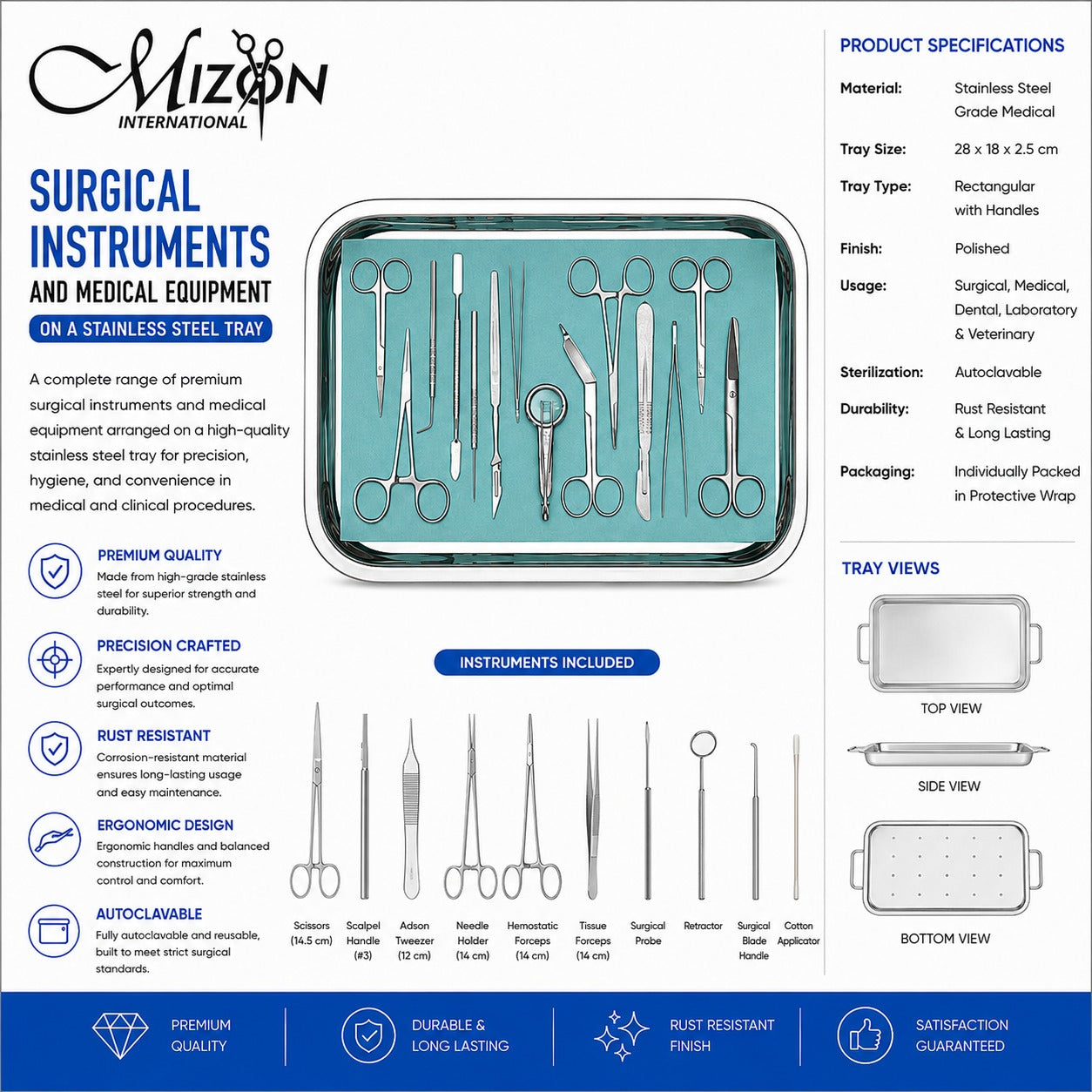 Surgical Instruments Set on Stainless Steel Tray – Medical, Dental, Laboratory & Veterinary Instrument Kit