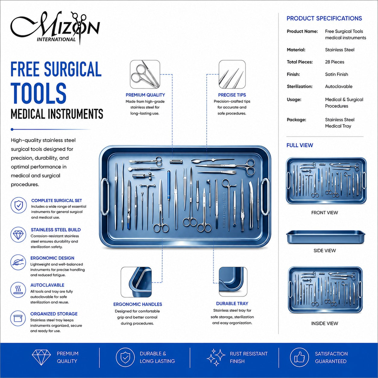 28-Piece Surgical Instrument Set with Stainless Steel Tray – Professional Medical, Dental & Surgical Instruments