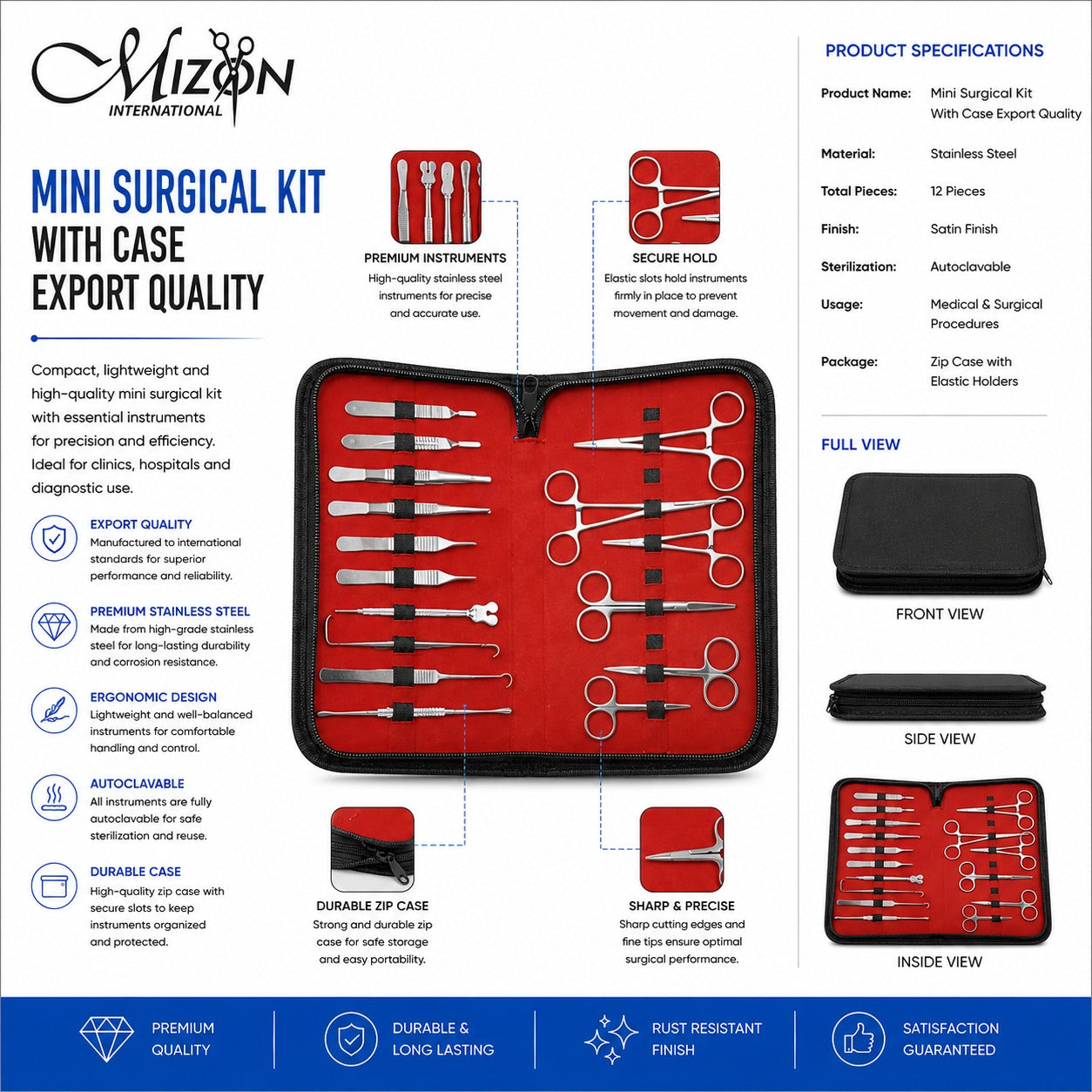 12-Piece Mini Surgical Kit with Zip Case – Export Quality Stainless Steel Medical Instrument Set
