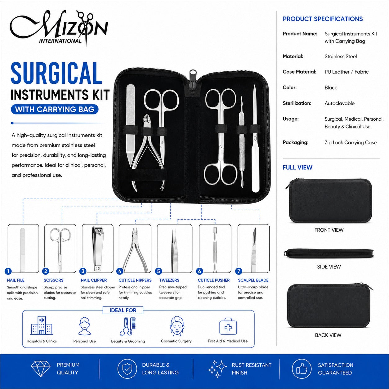 Surgical Instruments Kit with Carrying Bag – 7 Piece Stainless Steel Manicure, Pedicure & Minor Procedure Instrument Set