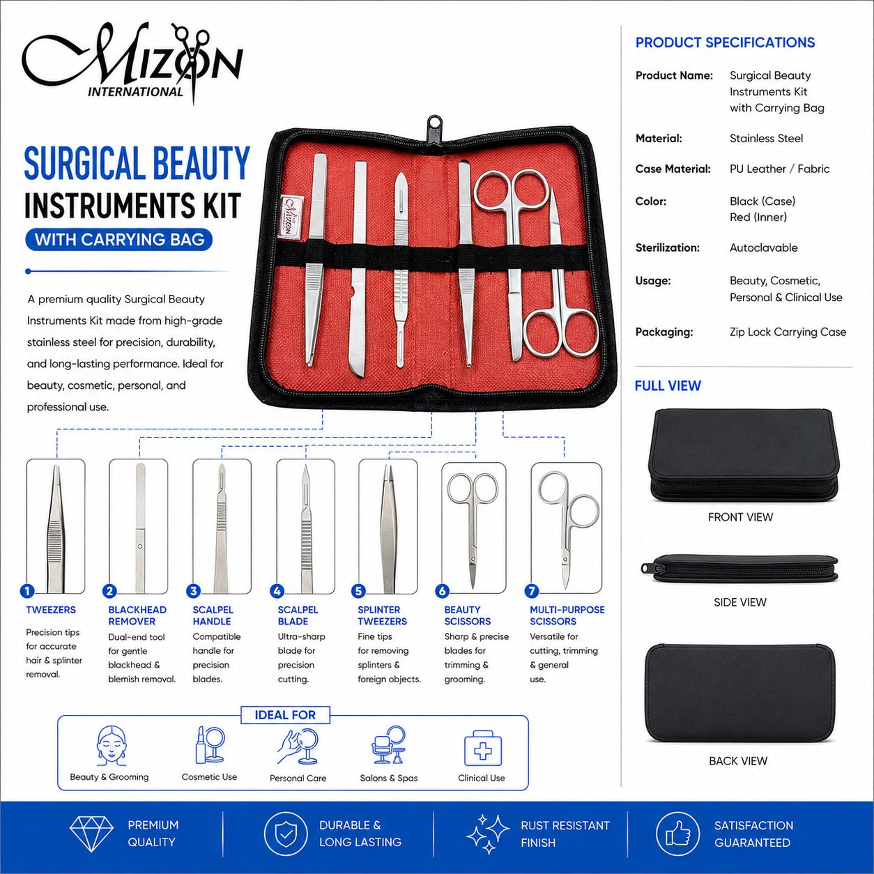 Surgical Beauty Instruments Kit with Carrying Bag – 7 Piece Stainless Steel Beauty & Grooming Tool Set  Category