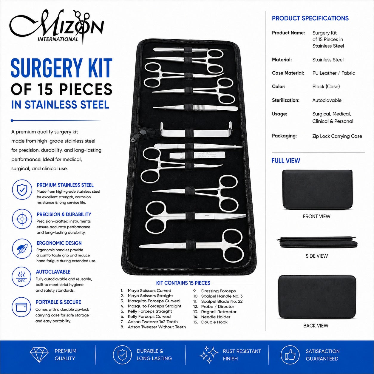 15 Pcs Surgical Instrument Kit – Stainless Steel Minor Surgery Set with Zip Lock Carrying Case | Autoclavable Medical Instruments