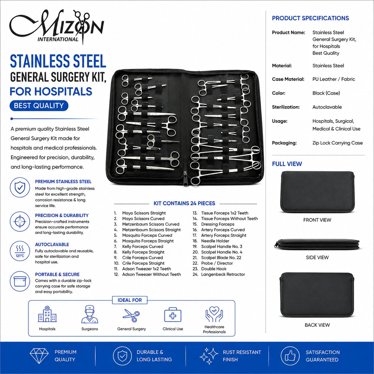 24 Pcs General Surgery Instrument Kit – Stainless Steel Surgical Set with Zip Lock Carrying Case | Autoclavable Hospital Grade