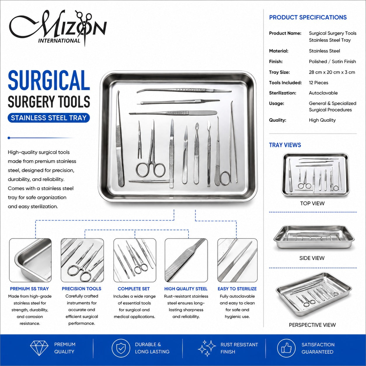 12 Pcs Surgical Instrument Set with Stainless Steel Tray – Professional General Surgery Tools | Autoclavable Medical Instrument Kit
