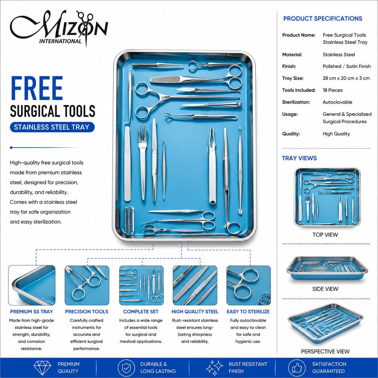18 Pcs Surgical Instrument Set with Stainless Steel Tray – Professional General Surgery Medical Tool Kit | Autoclavable