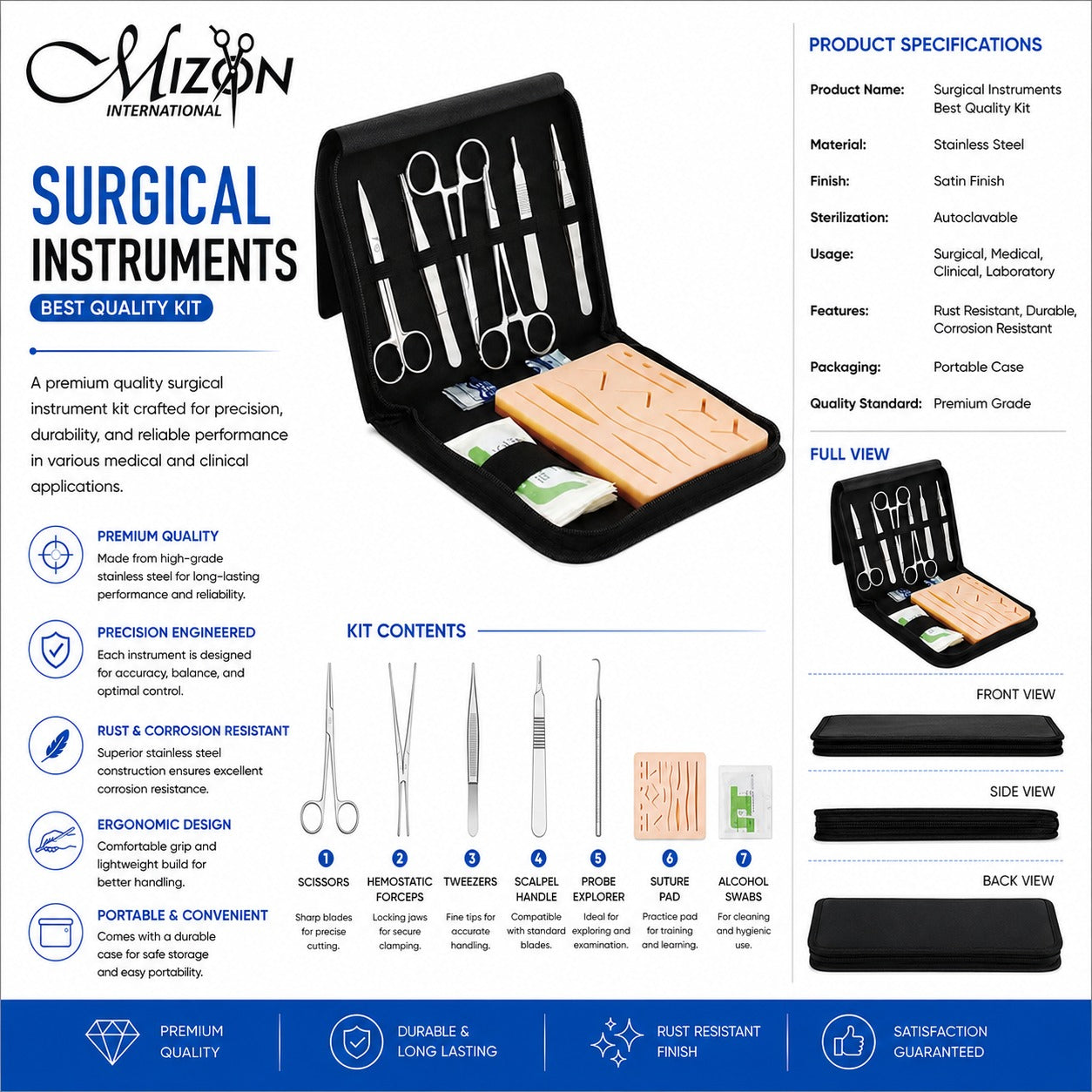 Minor Surgery Practice Kit – 7 Pcs Stainless Steel Surgical Instrument Training Set with Suture Pad & Portable Case