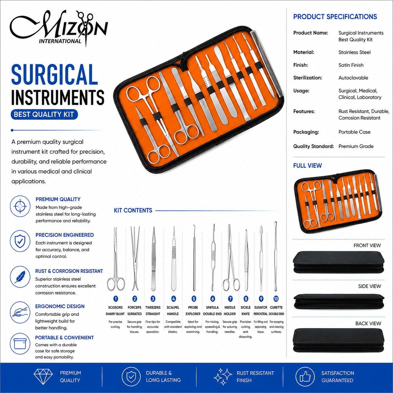 Surgical Instruments Kit – 10 Pcs Stainless Steel Minor Surgery Instrument Set with Portable Case | Autoclavable Surgical Instrument Kit