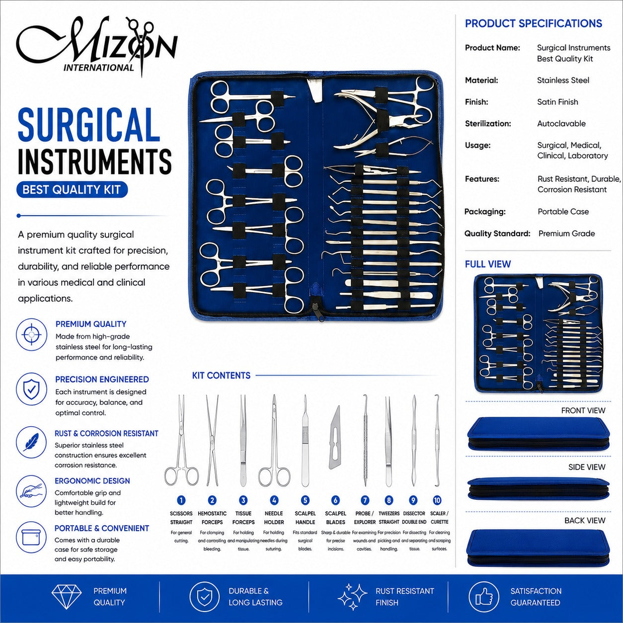 Premium Surgical Instruments Kit Stainless Steel Medical Surgical Tool Set | Mizon International