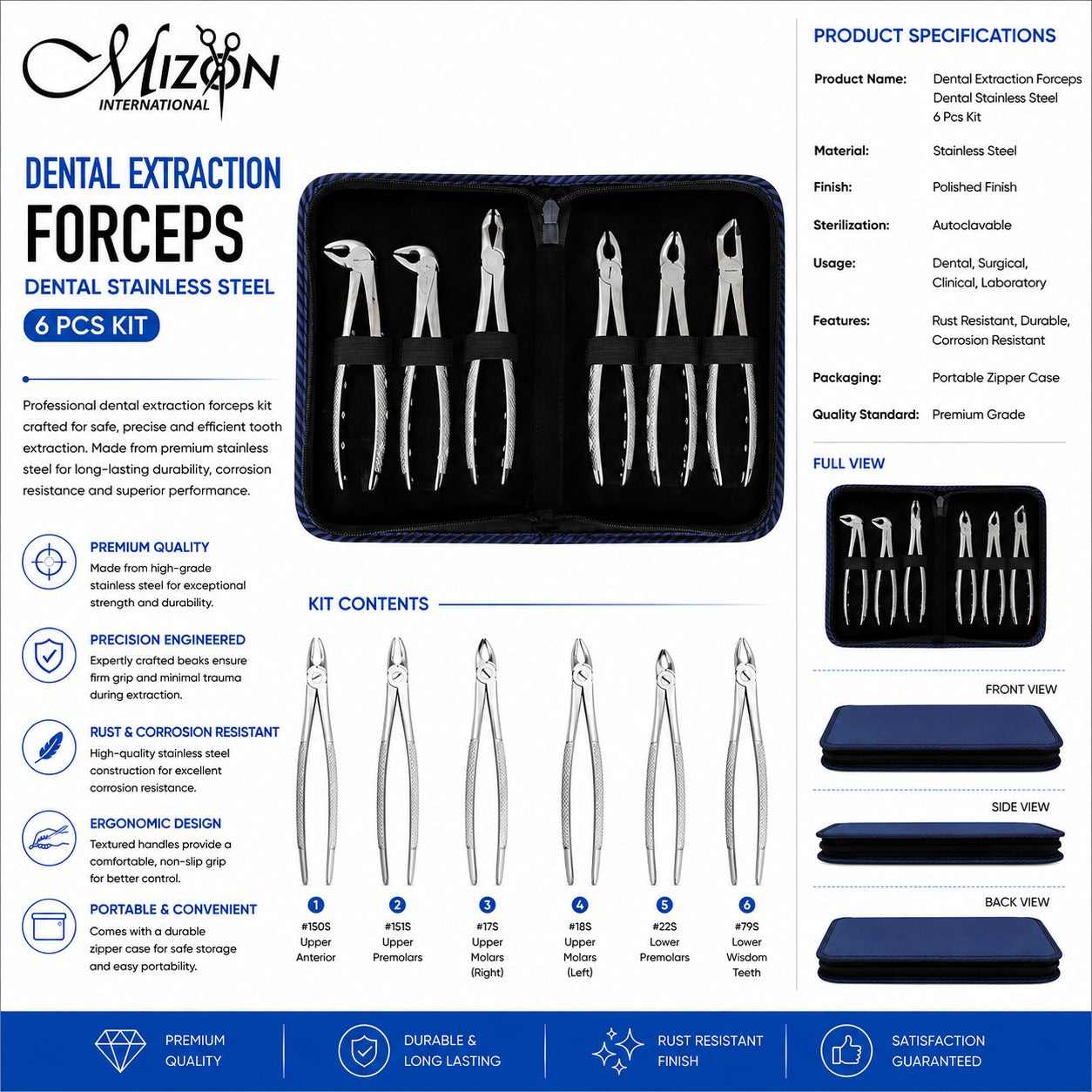 Dental Extraction Forceps Set – 6 Pcs Stainless Steel Tooth Extraction Instrument Kit with Zipper Case | Autoclavable Dental Surgical Instruments
