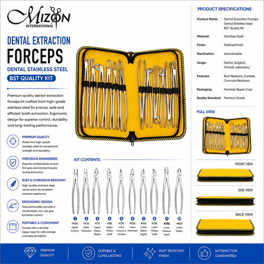 10-Piece Stainless Steel Dental Extraction Forceps Kit with Zipper Case