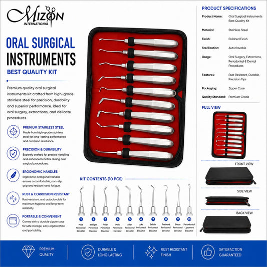 10-Piece Oral Surgical Periosteal Elevator Instrument Kit – Stainless Steel with Zipper Case