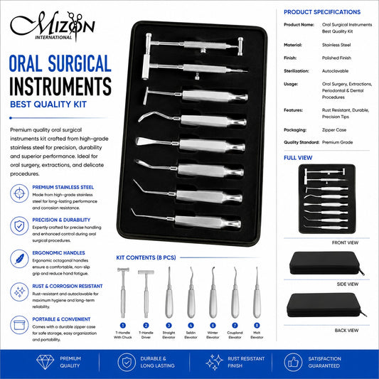 8-Piece Oral Surgical Elevator & Implant Instrument Kit – Stainless Steel with Zipper Case